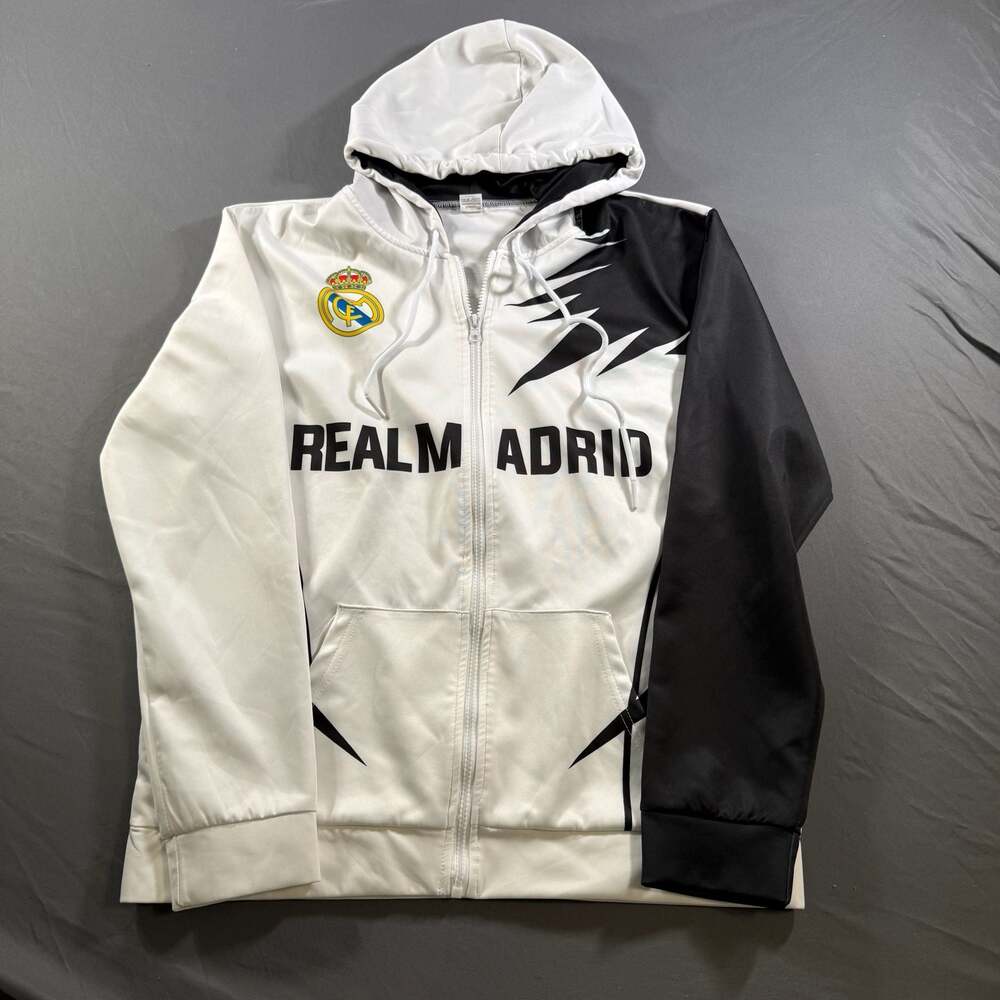 Real Madrid Mens M Full Zip Hoodie White Black Soccer Football Club Crest